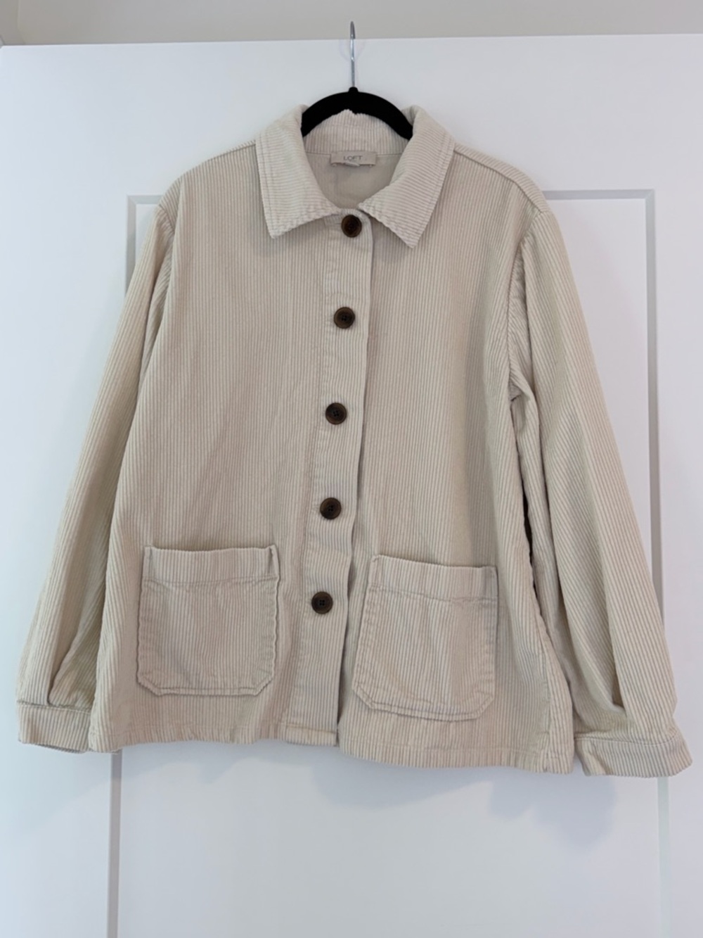 LOFT Cream Corduroy Button-Front Jacket with Patch Pockets